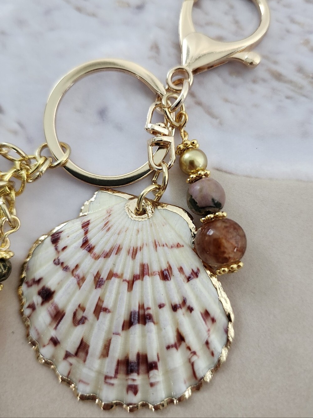 Coastal shell Purse Charm or Keychain Jasper Agate Rhodonite Handcrafted - Picture 2 of 4